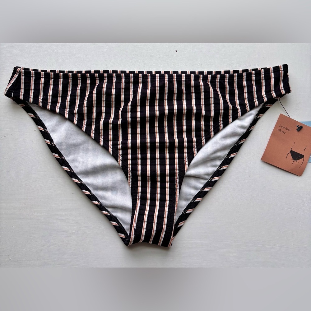 NWT Shade & Shore Medium Black Brown Stripe Bikini Bottom Swim Low Rise Cheeky